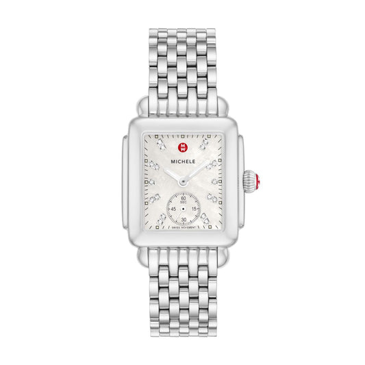 Michele Deco Mid Diamond watch 29mm x 31mm white mop w/ diamonds dial