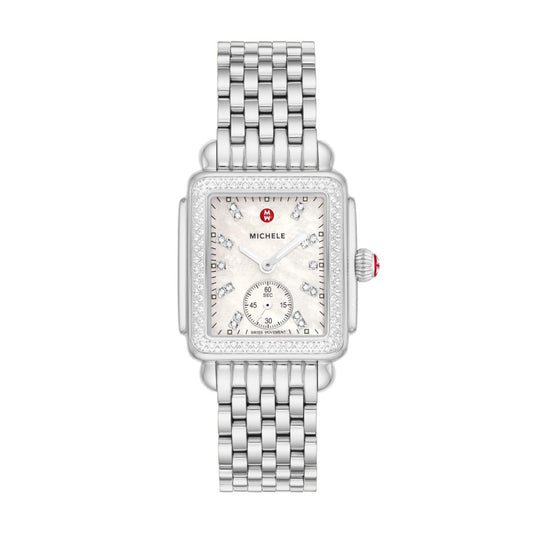 Michele Deco Mid Diamond watch 29mm x 31mm white mop w/ diamonds dial