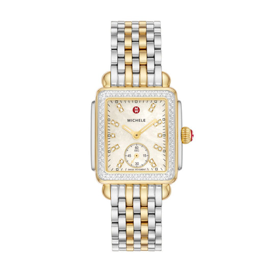 Michele Deco Mid Diamond watch 29mm x 31mm white mop w/ diamonds dial