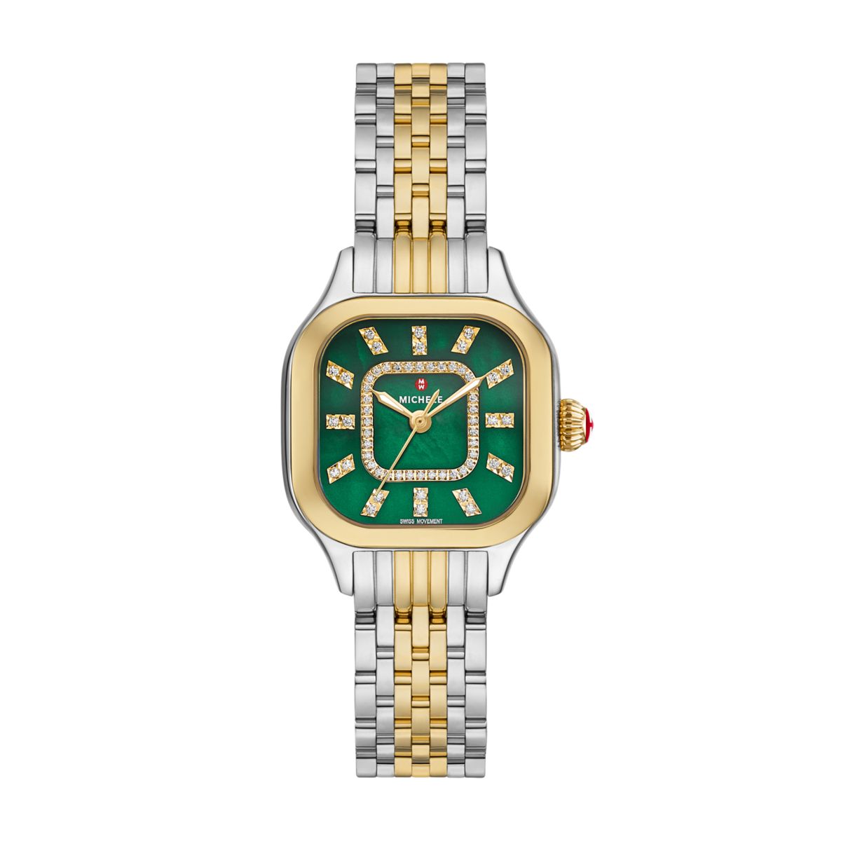 Michele Meggie watch 29mm x 29mm lush green mop w/diamonds pave, two tone dial