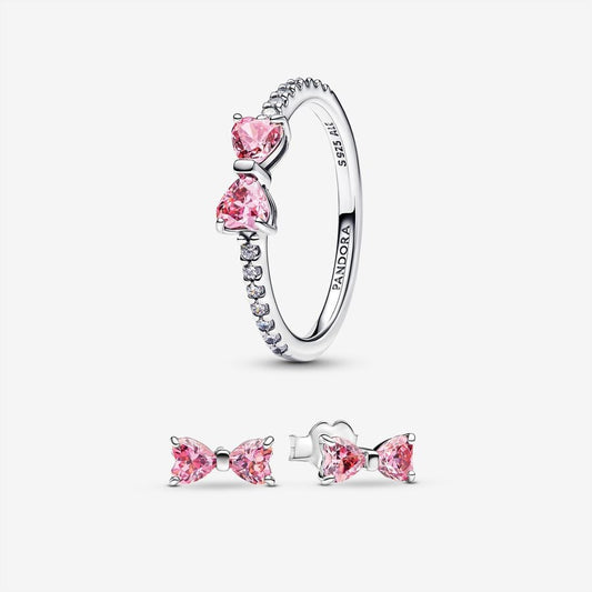 Sparkling Pink Bow Ring Set