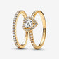Playful Love Golden Elevated Heart Sparkling Band Ring Set