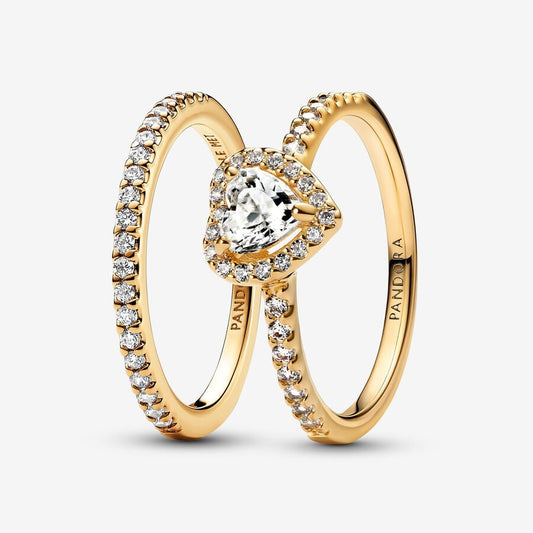 Playful Love Golden Elevated Heart Sparkling Band Ring Set