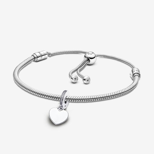 Engravable Heart Tag Dangle Charm Snake Chain Slider Bracelet Set