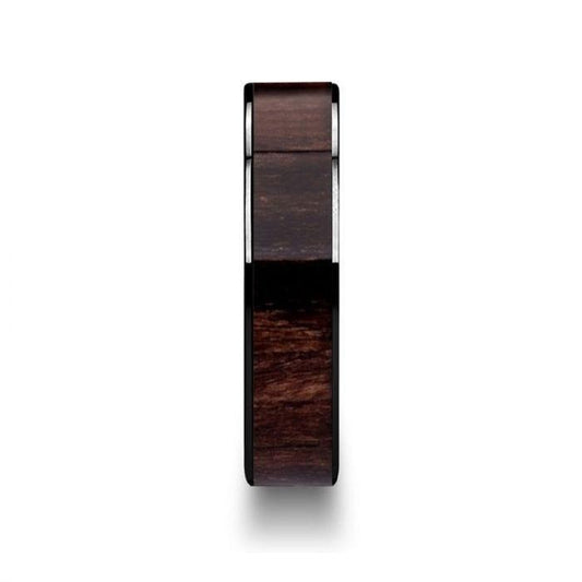 KENDO Black Ceramic Polished Finish Ring with Black Walnut Wood Inlay - 6mm - 10mm