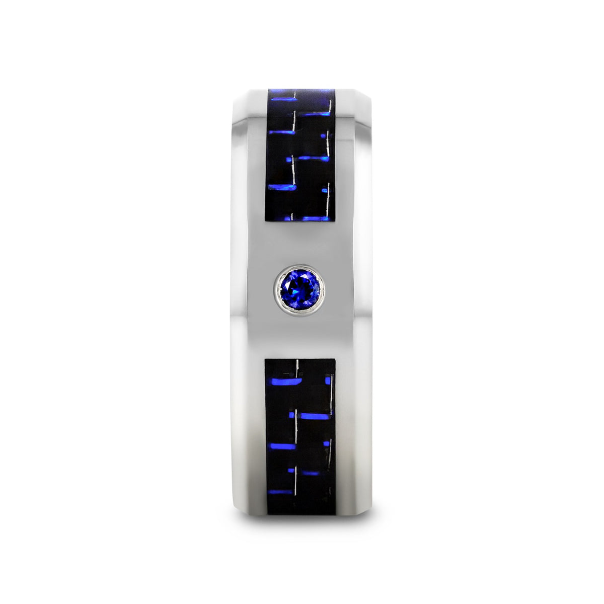 NEPTUNE Tungsten Carbide Ring with Black and Blue Carbon Fiber and Blue Sapphire Setting with Bevels - 8mm