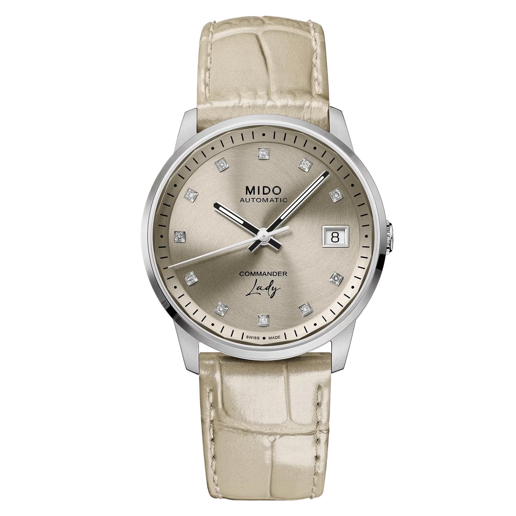 MIDO Commander Lady Brown Dial with Diamonds - Stainless Steel Watch - 35mm - Brown Leather Strap