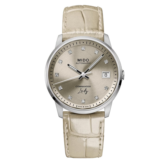 MIDO Commander Lady Brown Dial with Diamonds - Stainless Steel Watch - 35mm - Brown Leather Strap