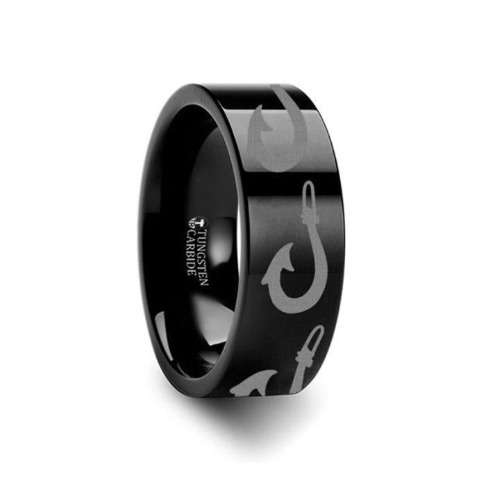 Large Polynesian Fishing Hook Pattern Engraved Flat Black Tungsten Ring - 4mm - 12mm - 6mm