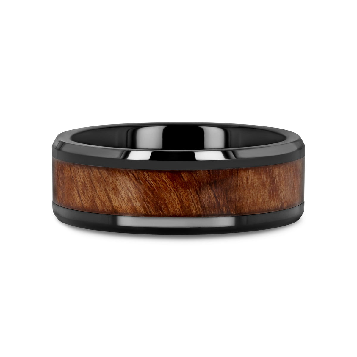 THRACIAN Carpathian Wood Inlaid Black Ceramic Ring with Bevels - 6mm & 8mm