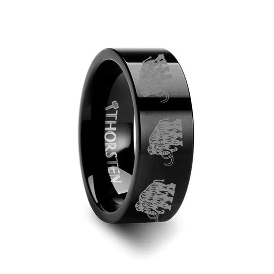 Dinosaur Mammoth Prehistoric Paleo Engraved Flat Black Tungsten Ring - 4mm - 12mm - 6mm
