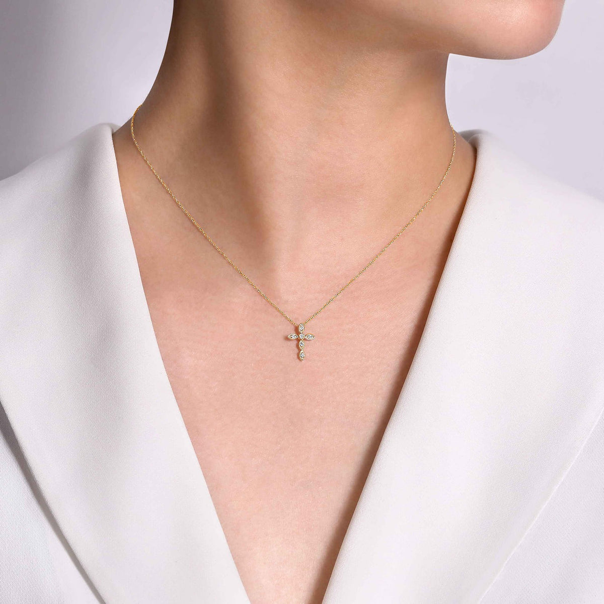 Gabriel & Co. 14K Yellow Gold Marquise Shaped Diamond Cross Necklace .09CTW