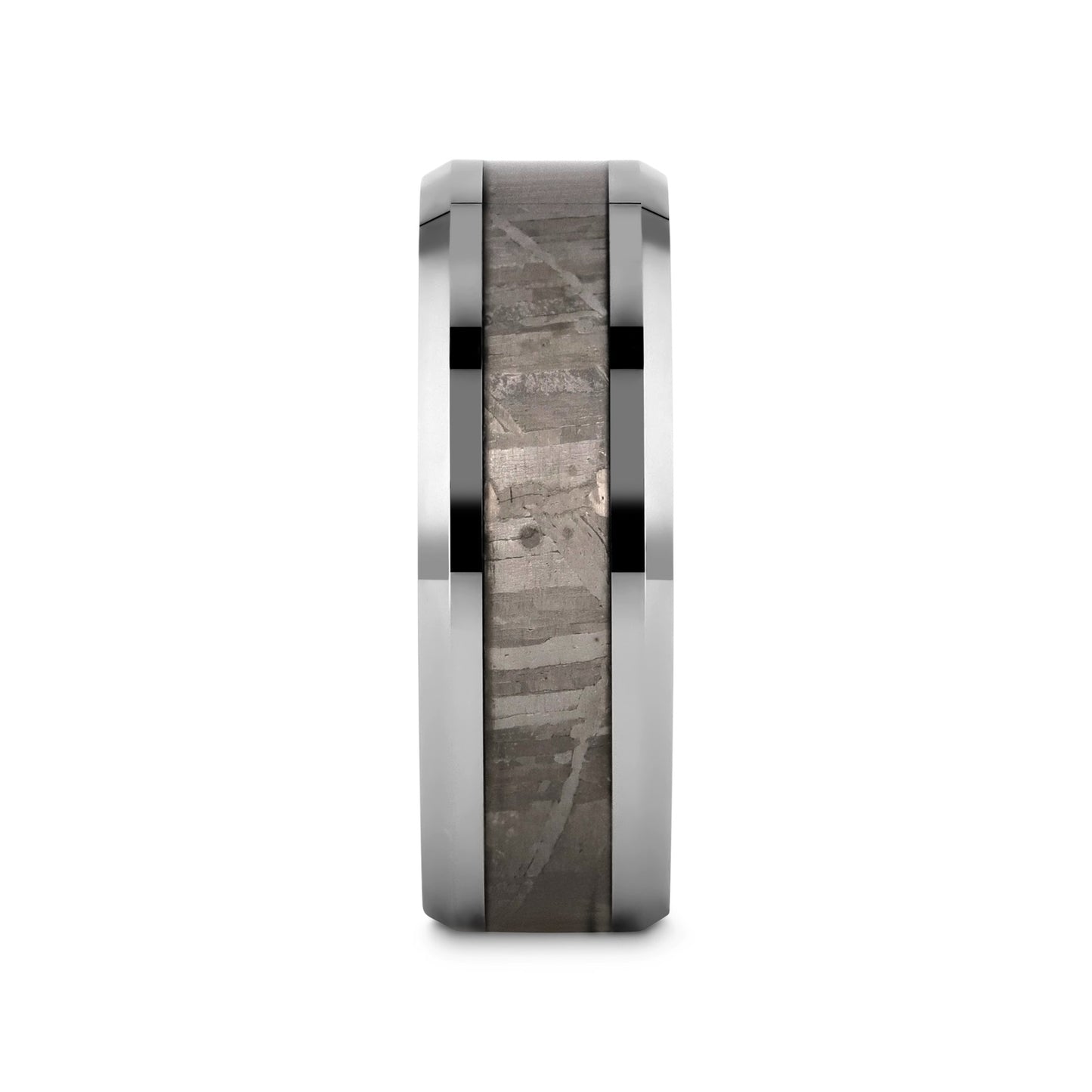 CELESTIAL Flat Tungsten Carbide Ring with Beveled Edges and Meteorite Inlay Thorsten - 8mm