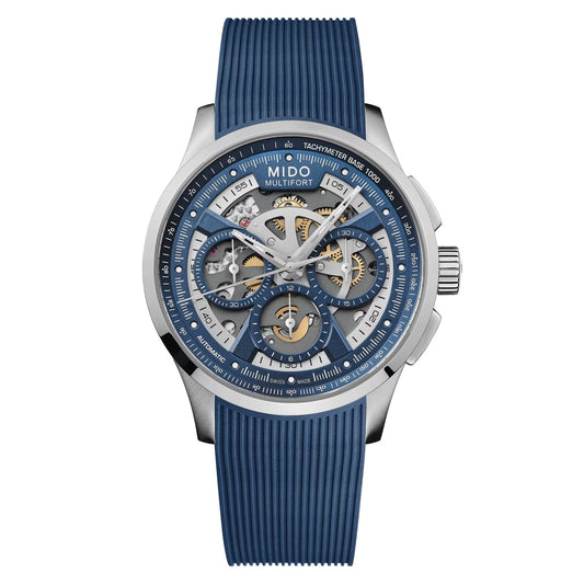 MIDO Multifort Skeleton Chronograph Blue Dial Stainless Steel Watch Blue Rubber Strap - 43mm