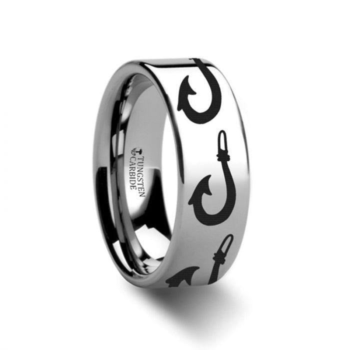 Large Polynesian Fishing Hook Pattern Engraved Flat Tungsten Ring - 4mm - 12mm - 6mm
