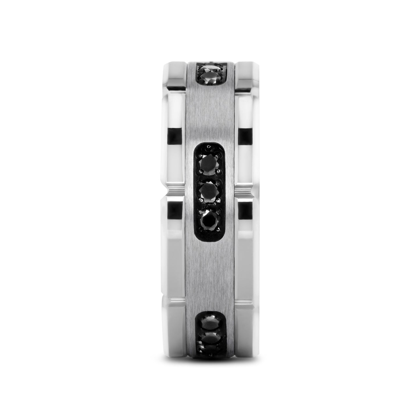 VALOR Grooved Tungsten Ring with Silver Inlay & Black Diamonds - 8mm