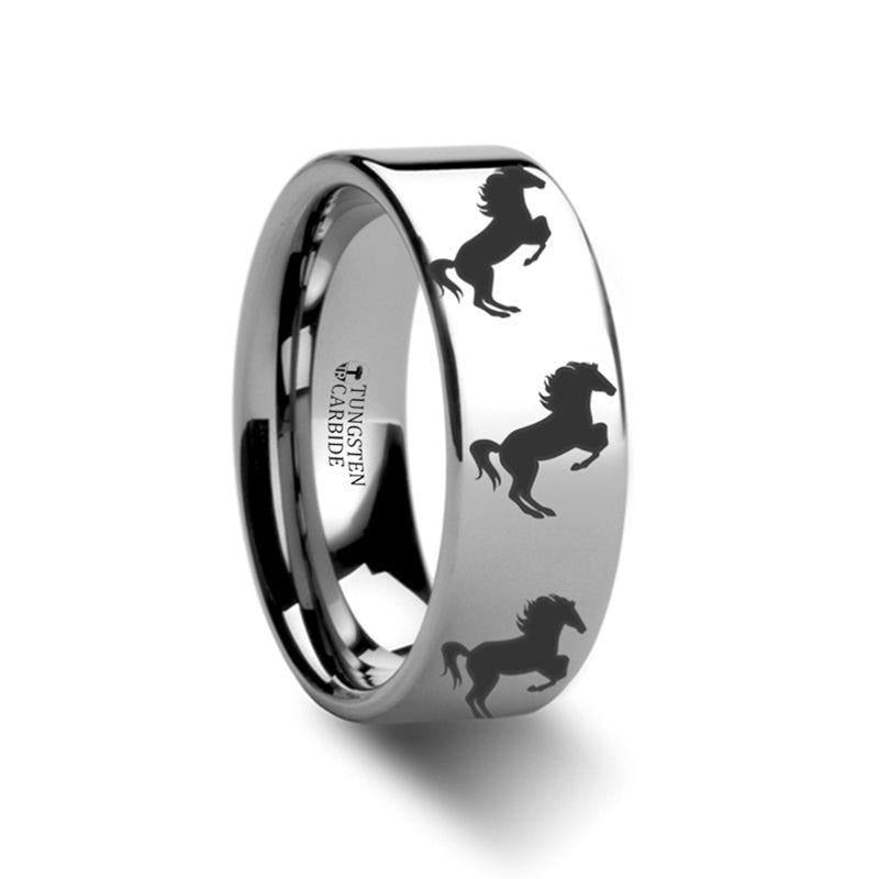 Animal Horse Hind Legs Print Engraved Flat Tungsten Ring - 4mm - 12mm - 6mm