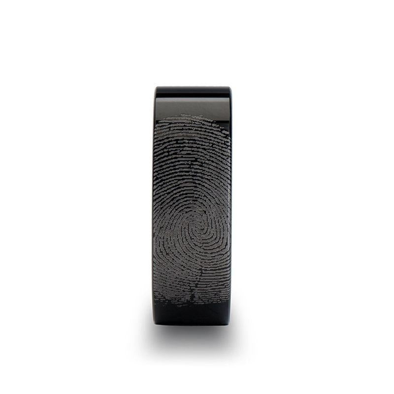 Fingerprint Engraved Flat Pipe Cut Black Tungsten Ring Polished - Morpheus - 4mm - 12mm - 8mm