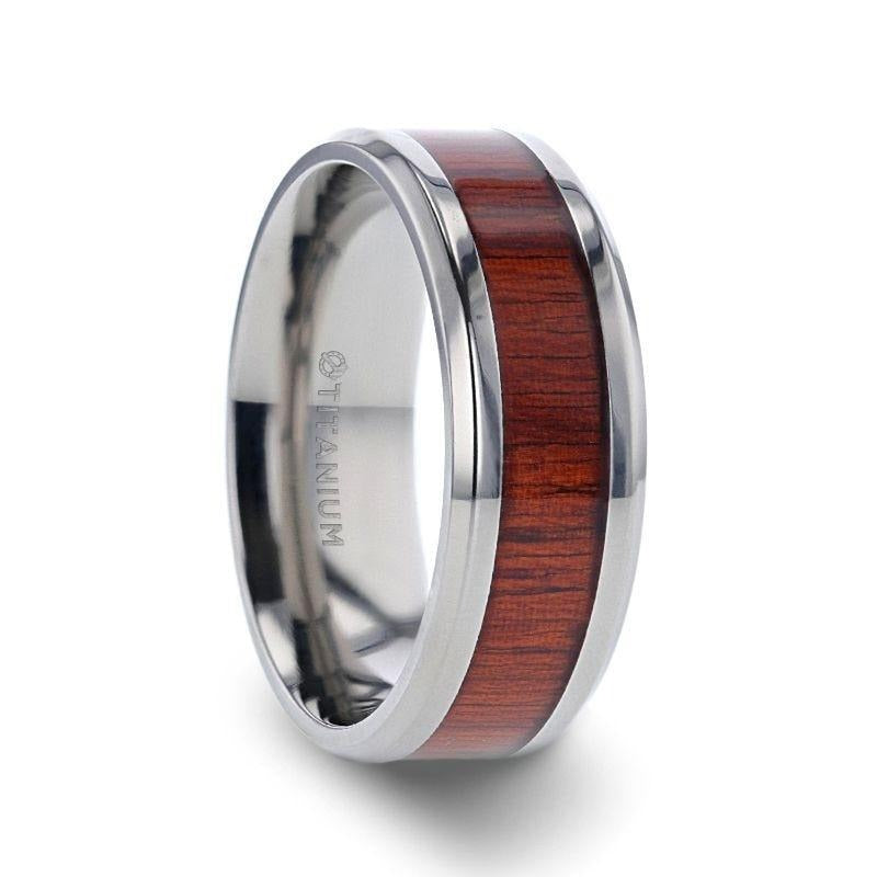 NORRO Titanium Polished Beveled Edges Padauk Wood Inlaid Men’s Wedding Band - 6mm & 8mm
