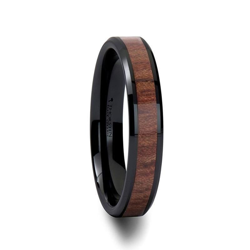 DENALI Black Ceramic Wedding Band with Bevels and Rosewood Inlay - 4mm - 12mm - 8mm
