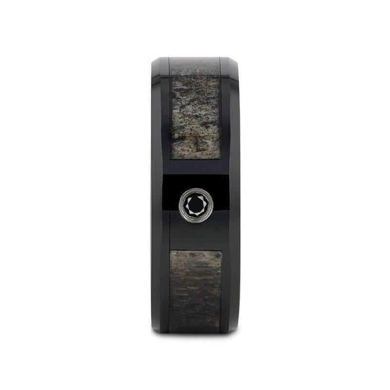 MONTANA Black Ceramic Ring with Ombre Deer Antler Inlay Polished Beveled Edges with Black Diamond - 8mm