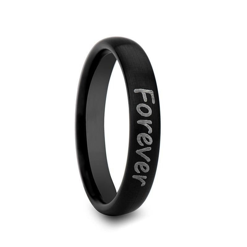 Handwritten Engraved Domed Black Tungsten Ring with Brushed Finish - 4mm - 12mm - 8mm