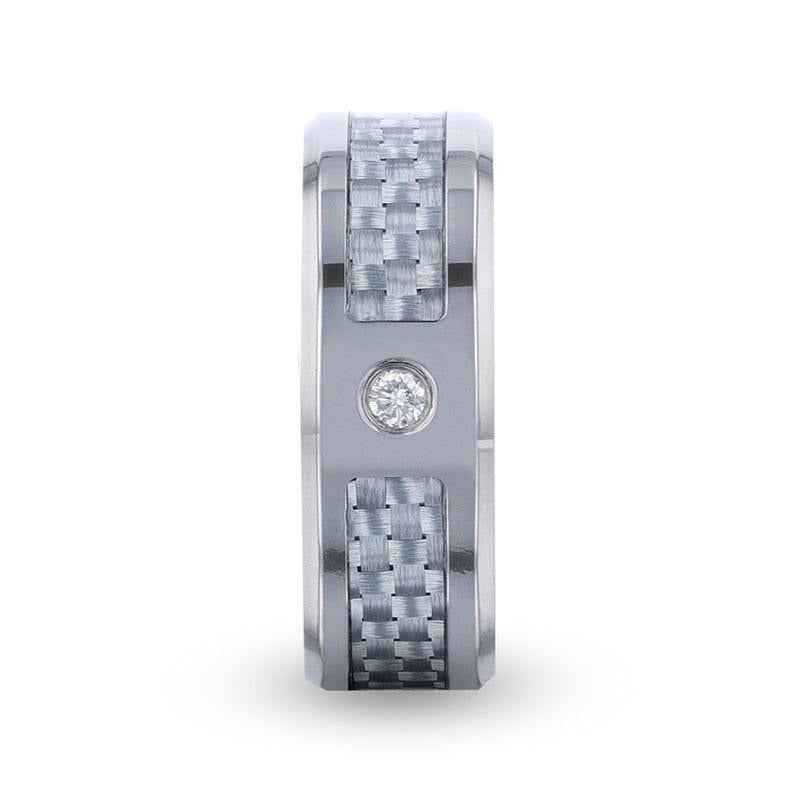 MAYBACH Light Gray Carbon Fiber Titanium Men's Wedding Band with White Diamond In The Squared Center Setting And Polishe