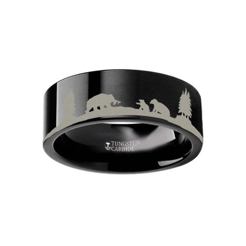 Animal Landscape Scene Bears Bear Cubs Engraved Flat Black Tungsten Ring - 4mm -12mm - 6mm