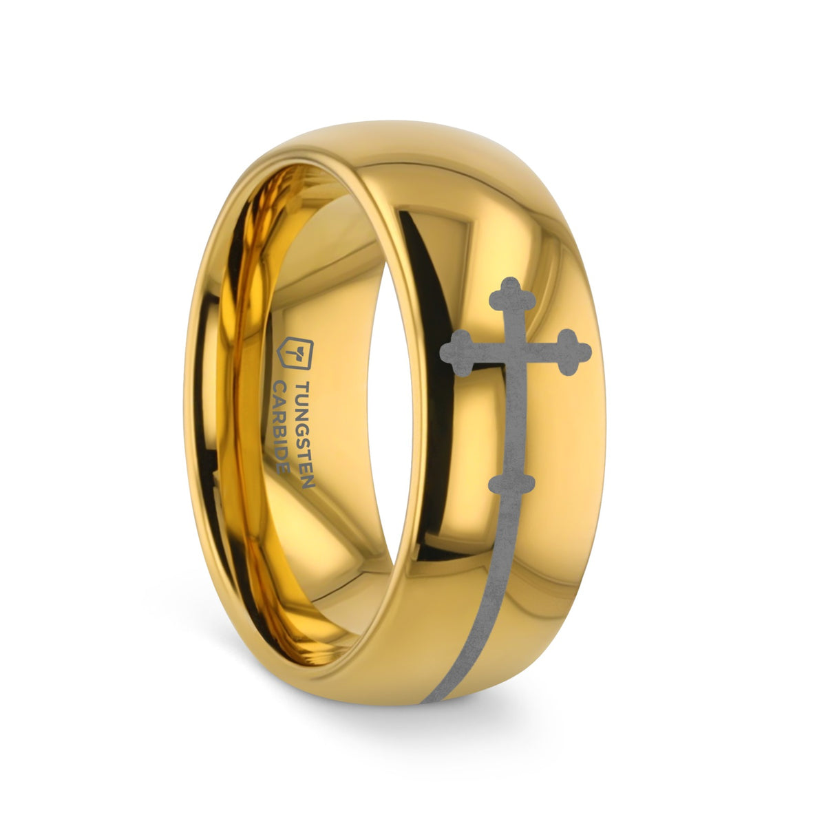 SIDEWAYS CROSS on Domed Gold Plated Tungsten Carbide Ring