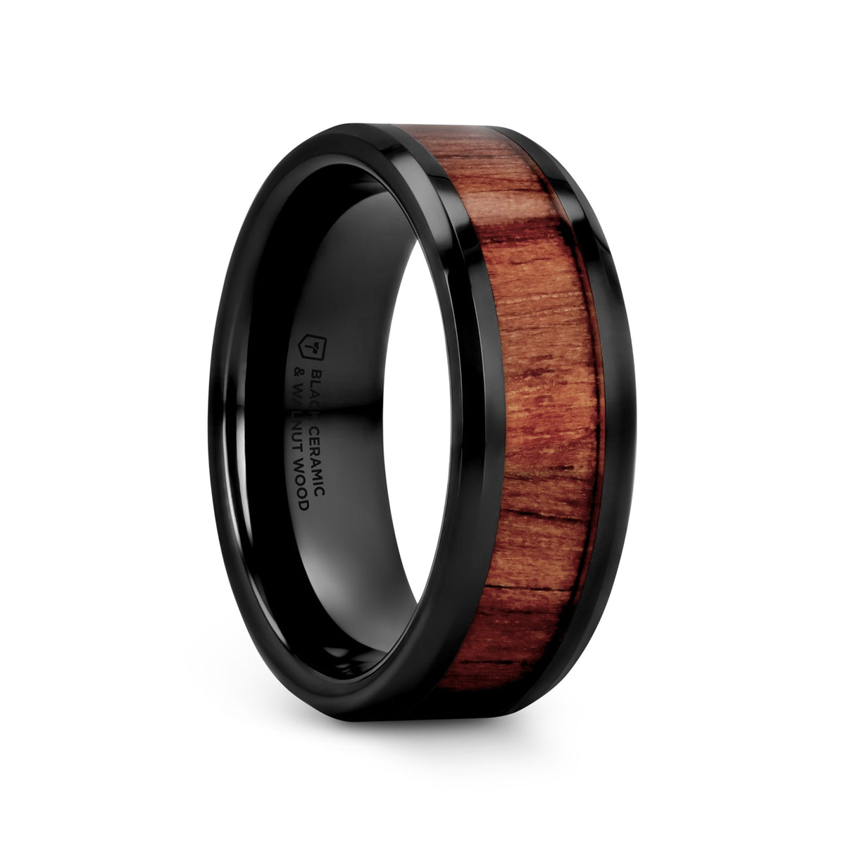 YUKON Beveled Black Ceramic Ring with Black Walnut Wood Inlay - 4mm - 12mm - 8mm