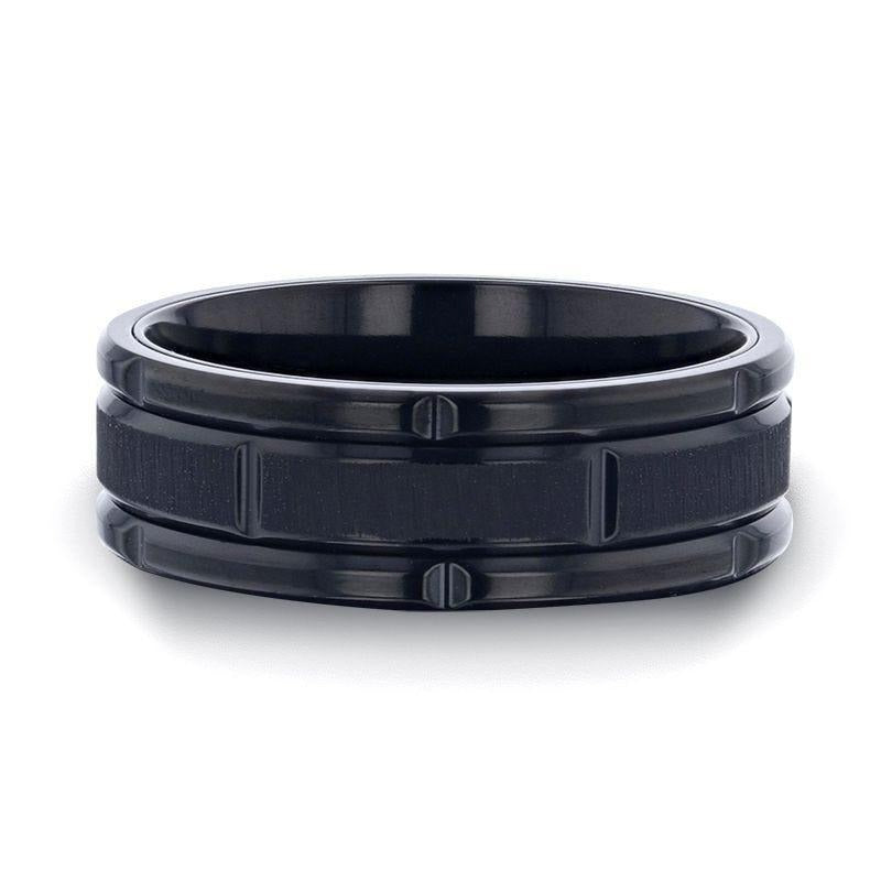 WYNN Alternating Grooves And Horizontal Etched Finish Black Titanium Men's Wedding Band With Alternating Grooved Beveled