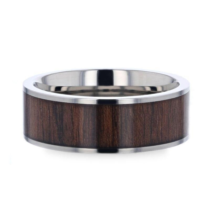 LOGAN Flat Polished Black Walnut Wood Inlaid Titanium Men's Wedding Band With Flat Polished Edges - 8mm