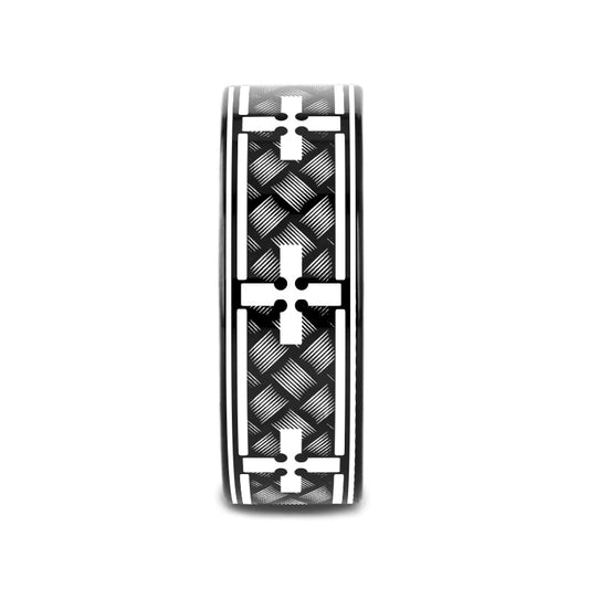 WOVEN CROSSES on Black Flat Tungsten Carbide Ring