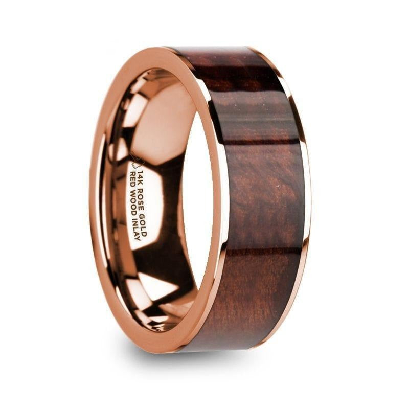 ROUVIN Polished 14k Rose Gold Men’s Wedding Band with Redwood Inlay - 8mm