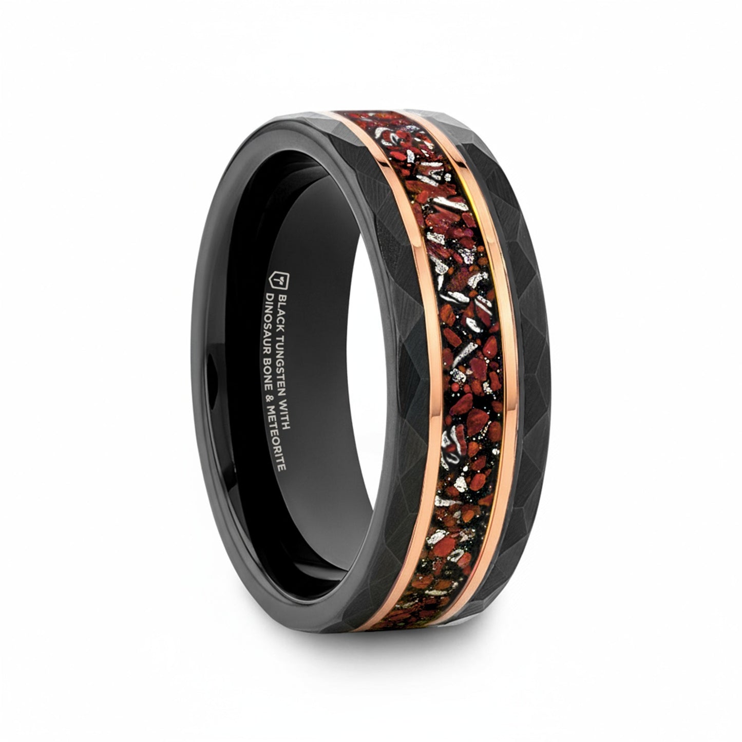 INFERNO Black/Rose Hammered Tungsten Carbide Ring with Dinosaur Bones and Meteorite - 8mm