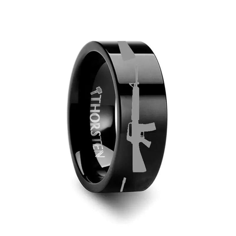 M16 Print Design Engraved Flat Tungsten Black Ring - 4mm - 12mm - 6mm