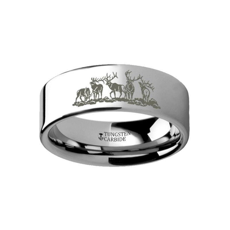 Animal Landscape Scene Five Deer Stag Hunting Engraved Flat Tungsten Ring - 4mm - 12mm - 6mm