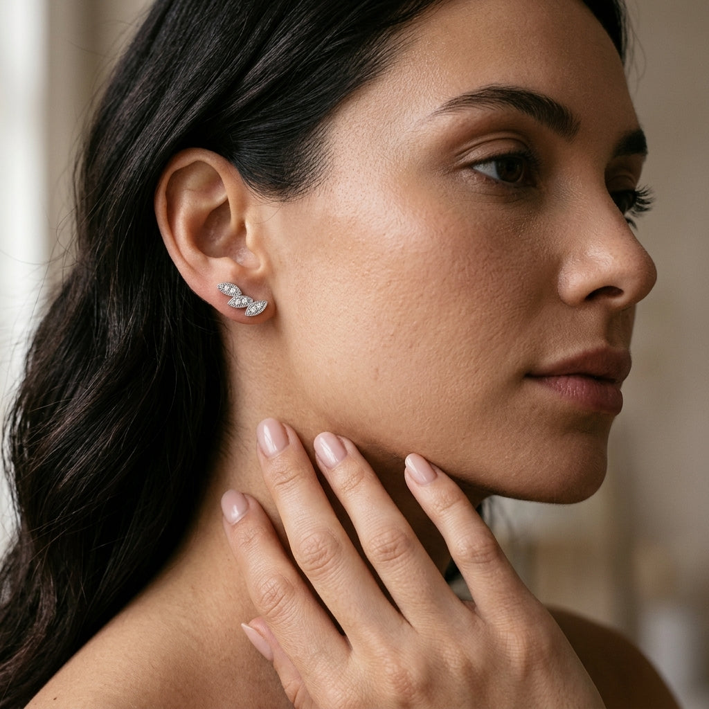 Gabriel & Co. Floral - 14K White Gold Diamond Leaf Shape Stud Earrings 1/10CTW - worn lifestyle photo