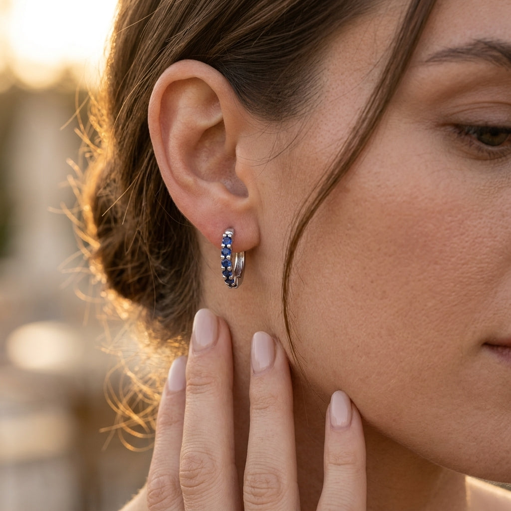 Gabriel & Co. 14K White Gold Sapphire Huggie Earrings Sapphire - worn lifestyle photo