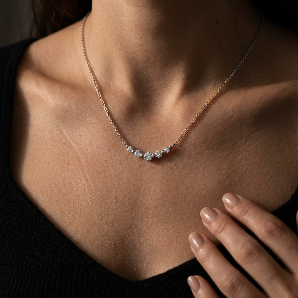 Gabriel & Co. 14K White Gold White Sapphire Bar Necklace .24CTW - worn lifestyle photo