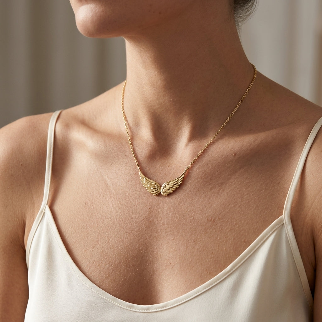 Gabriel & Co. 14K Yellow Gold Angel Wings Necklace - worn lifestyle photo