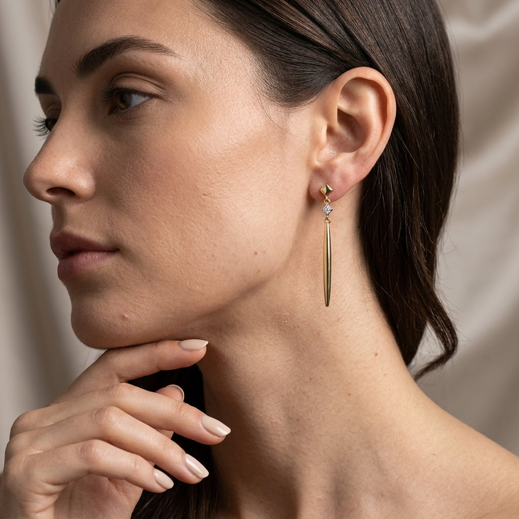 Gabriel & Co. 14K Yellow Gold Diamond and Spike Drop Earrings .04ctw - worn lifestyle photo