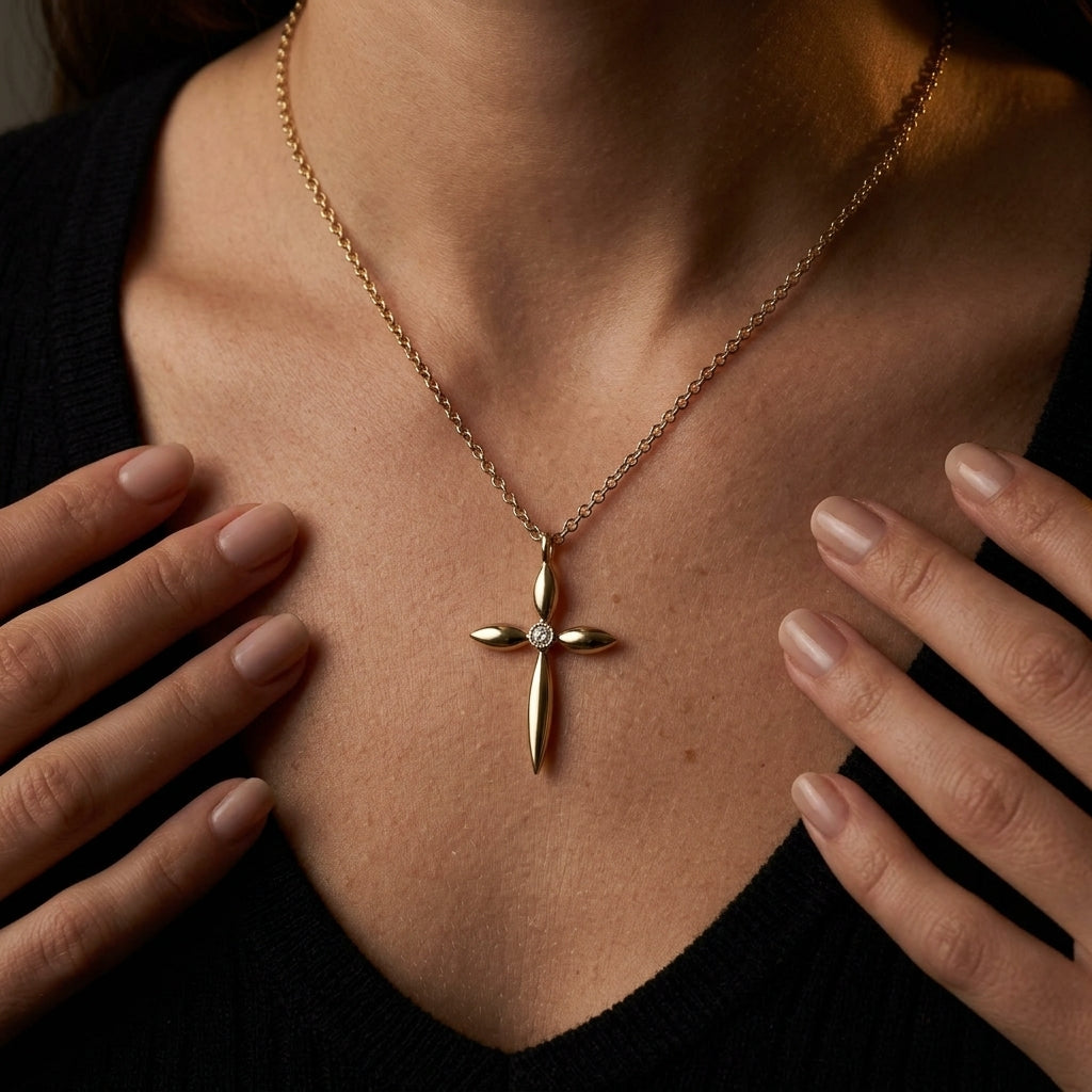 Gabriel & Co. 14K Yellow Gold Diamond Cross Pendant Necklace .01CTW - worn lifestyle photo