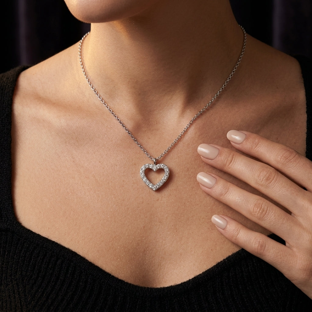 Gabriel & Co. 14K White Gold Open Heart Diamond Pendant Necklace 1/10CTW - worn lifestyle photo