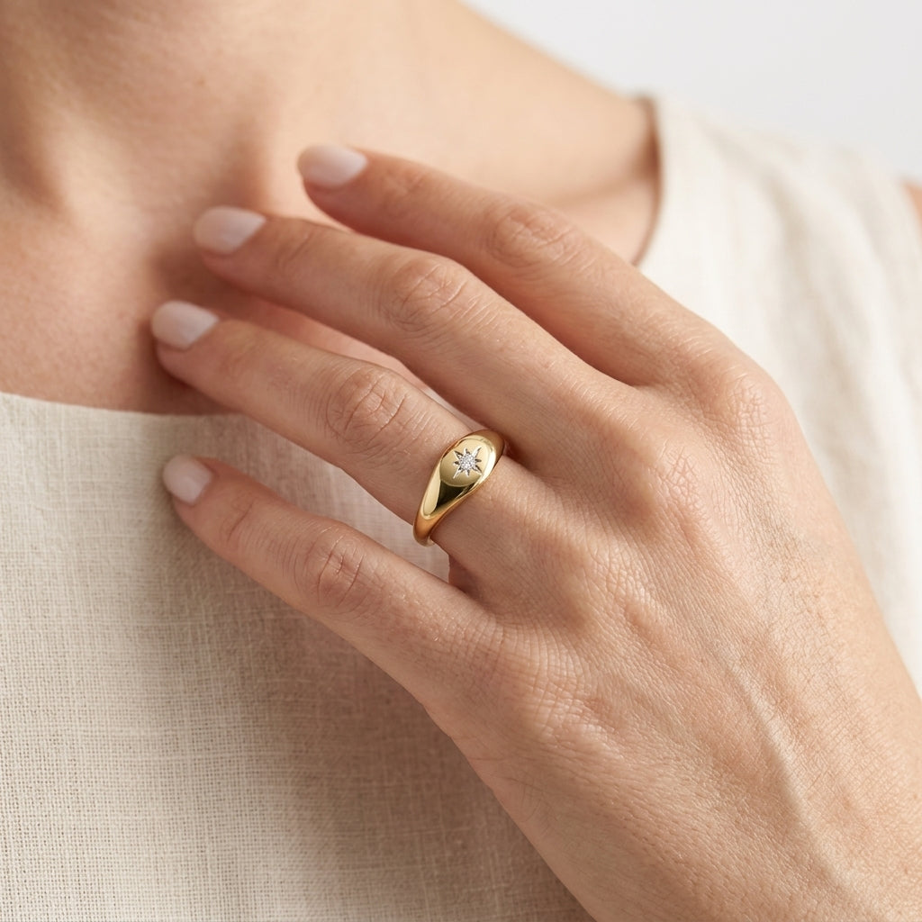 Gabriel & Co. 14K Yellow Gold Diamond Starburst Signet Ring .02CTW SZ6.5 - worn lifestyle photo