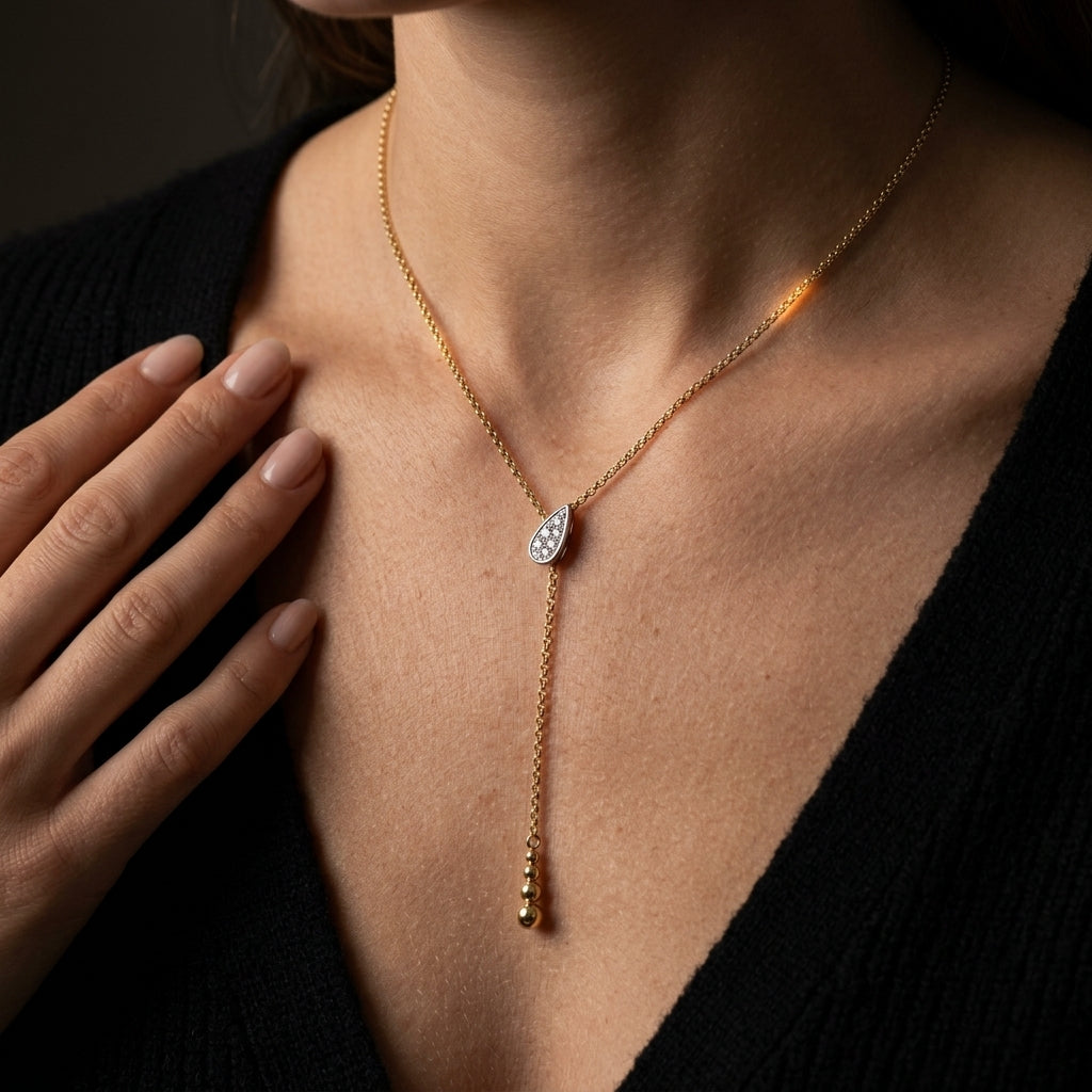 Gabriel & Co. 14K White Yellow Gold Bujukan And Diamond Y Necklace .03CTW - worn lifestyle photo
