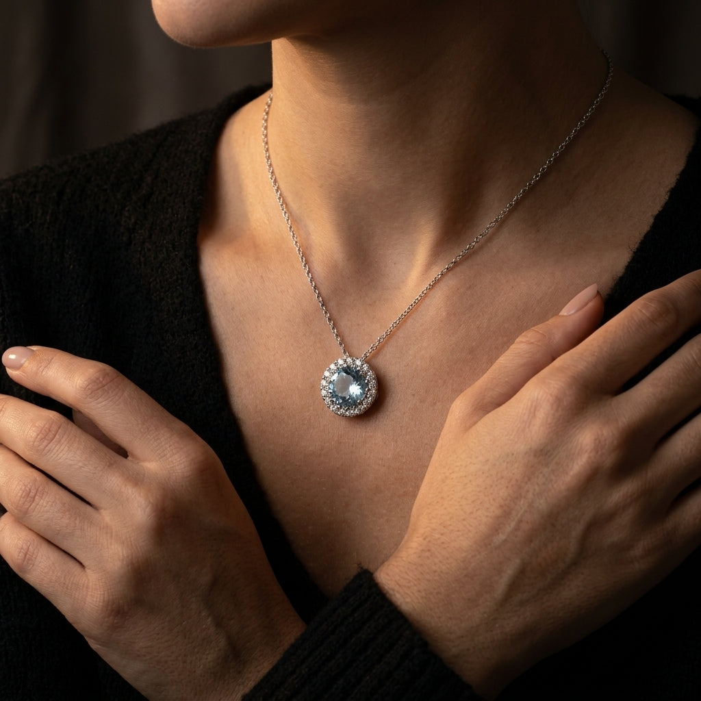 Gabriel & Co. 14K White Gold Round Swiss Blue Topaz and Diamond Halo Pendant Necklace .06CTW - worn lifestyle photo