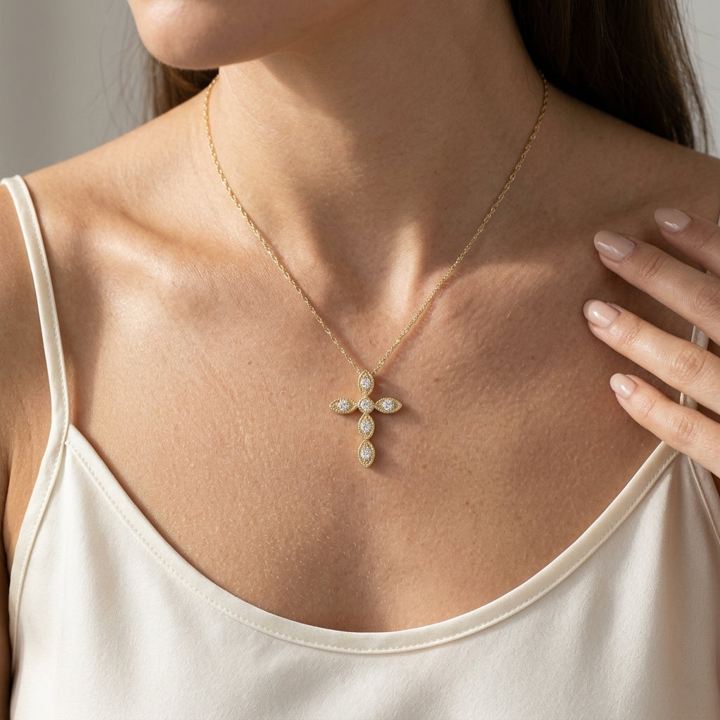 Gabriel & Co. 14K Yellow Gold Marquise Shaped Diamond Cross Necklace .09CTW - worn lifestyle photo