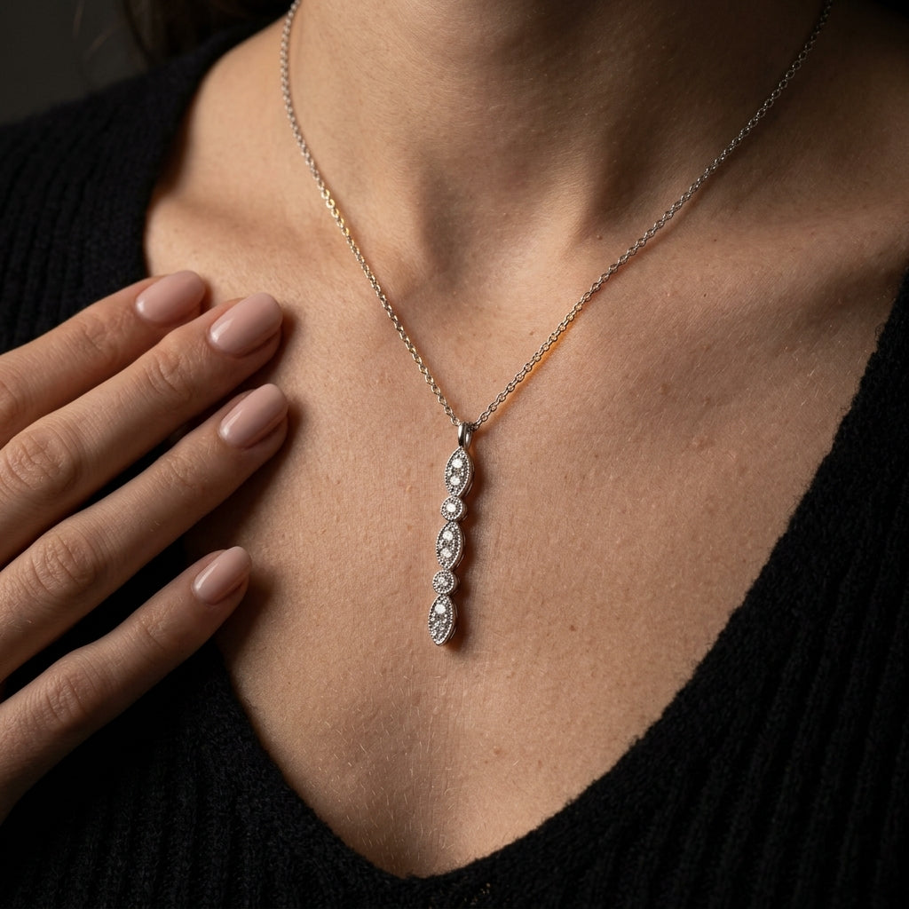Gabriel & Co. 14K White Gold Diamond Bar Necklace .07CTW - worn lifestyle photo