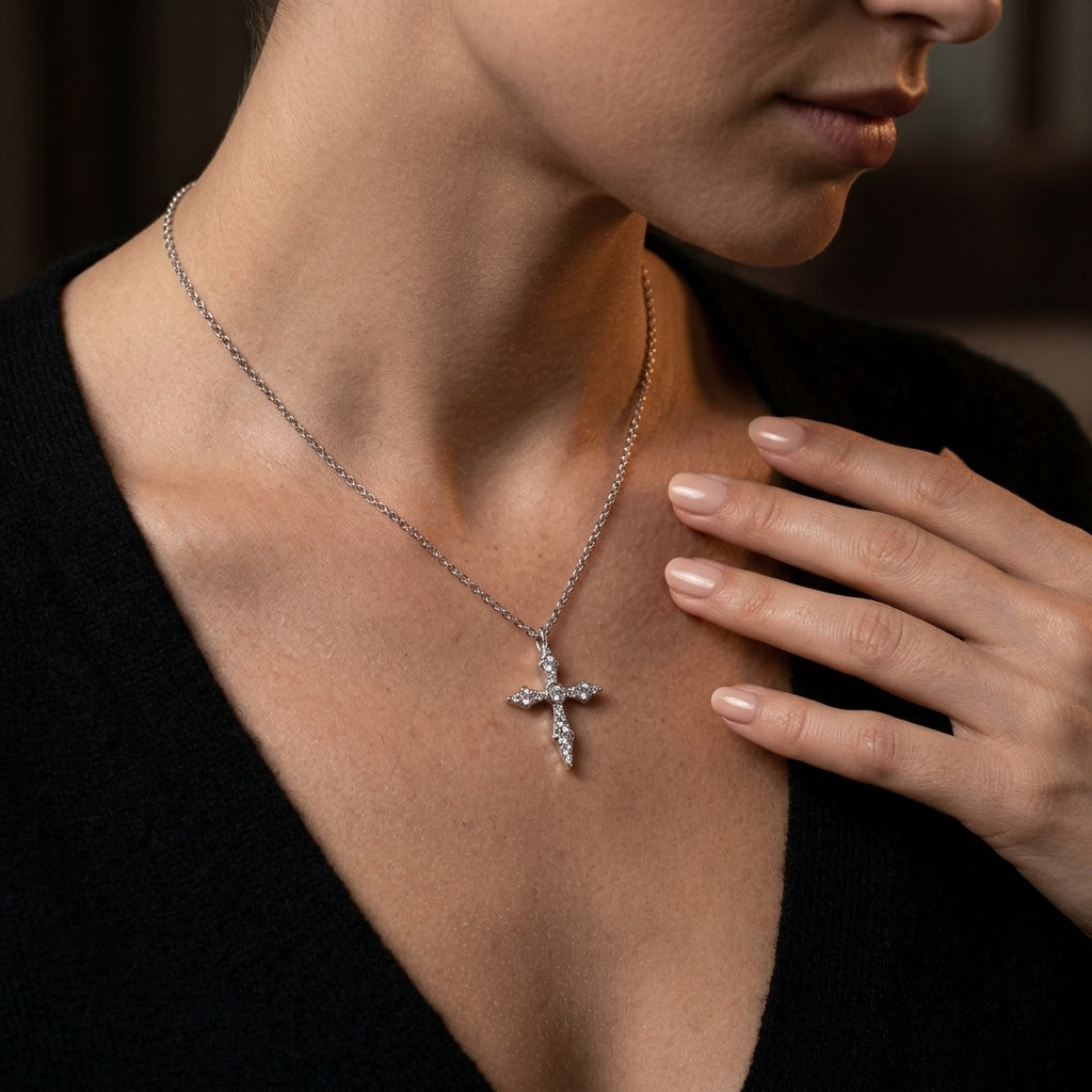 Gabriel & Co. 14K White Gold Sculpted Diamond Cross Pendant Necklace Kaslique 17.5 .09CTW - worn lifestyle photo